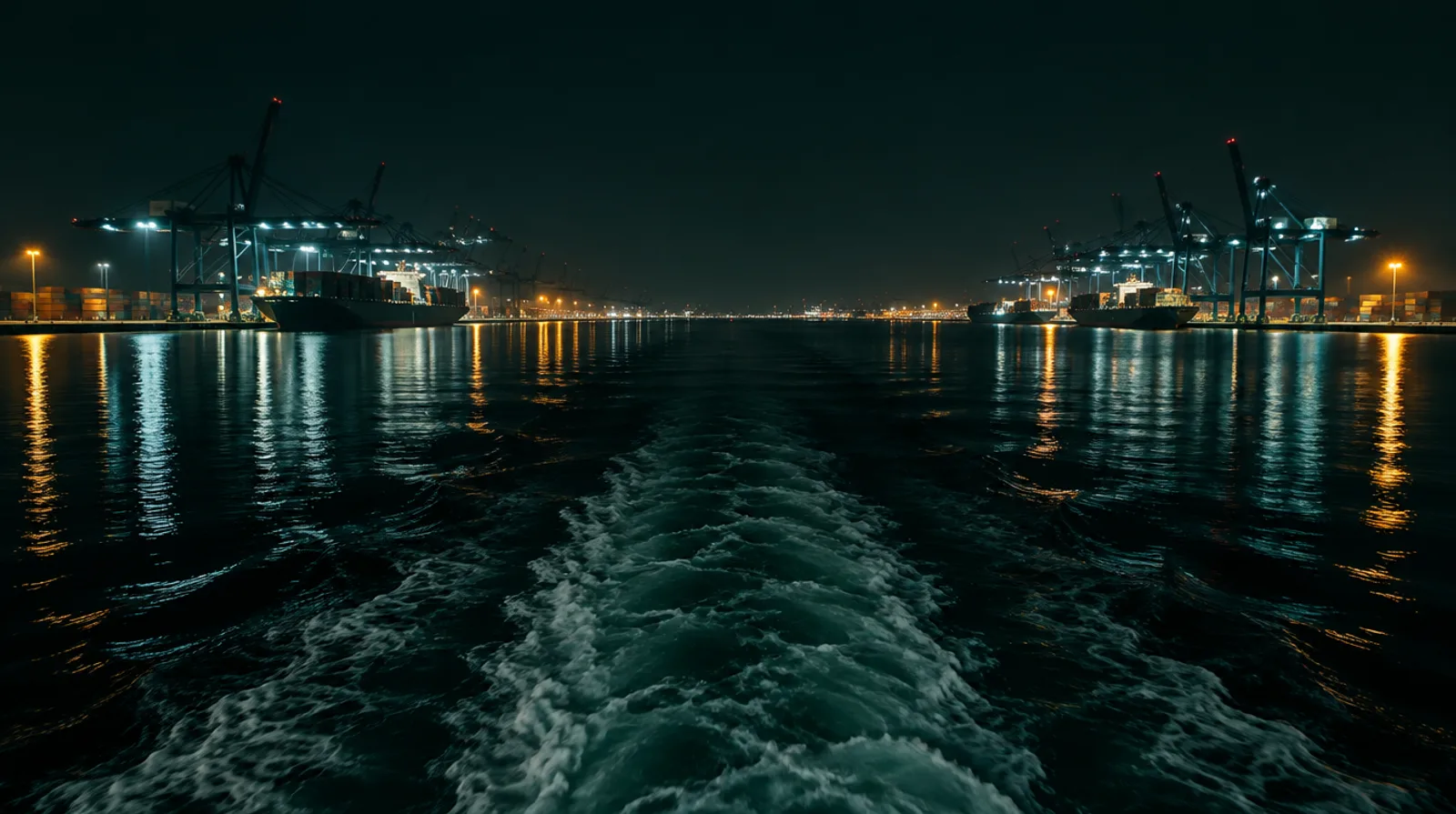 A vessel leaving port. No client is named.