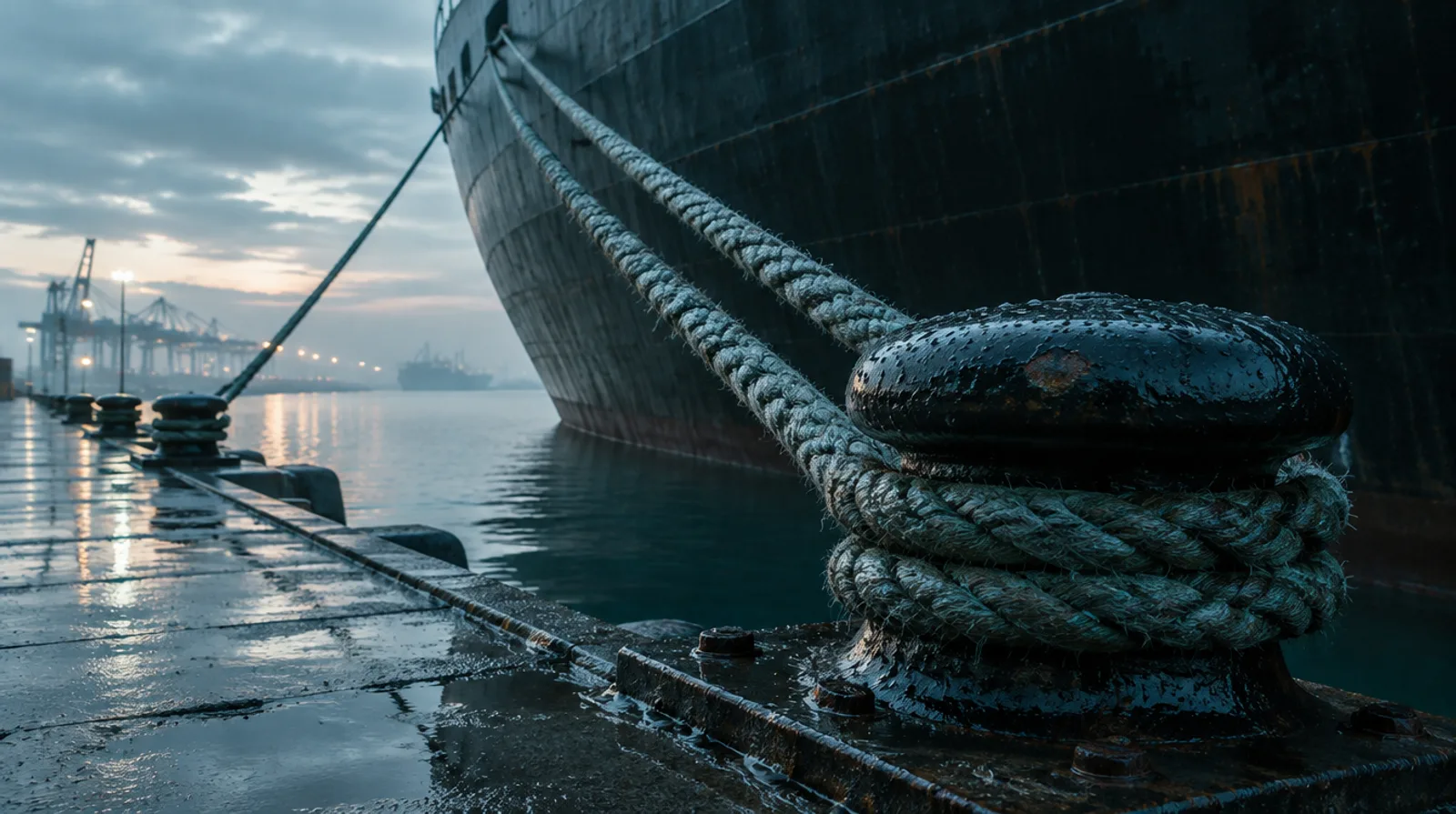 Mooring lines at a berth. Illustrative.